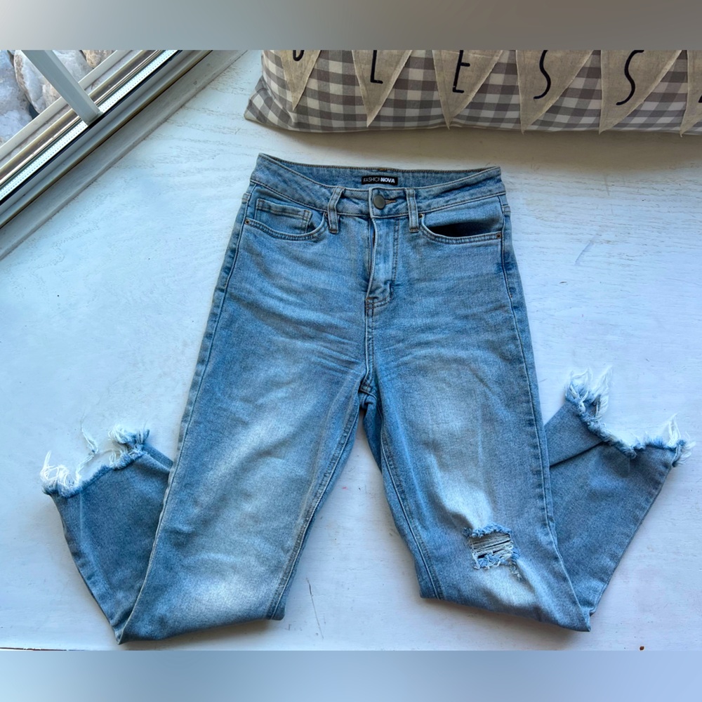 Fashion Nova high waist light wash distressed jeans